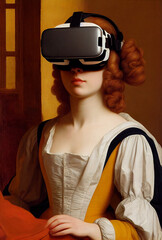 painting style portrait of a young woman with virtual reality glasses, created with Generative AI