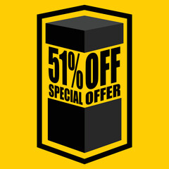 Vector illustration of black open box with lettering saying "51% off special offer", design for 51% discount, with yellow background.