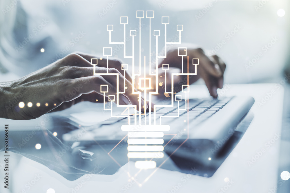 Poster creative light bulb with chip hologram and hands typing on computer keyboard on background, artifici