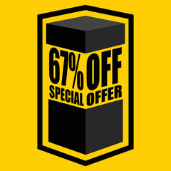 Vector illustration of black open box with lettering saying "67% off special offer", design for 67% discount, with yellow background.