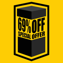 Vector illustration of black open box with lettering saying "69% off special offer", design for 69% discount, with yellow background.