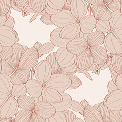 Seamless pattern of hydrangea flowers for fabric design. Luxurious line art of spring flowers. 