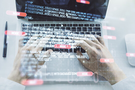 Abstract creative coding illustration with hands typing on laptop on background, software development concept. Multiexposure