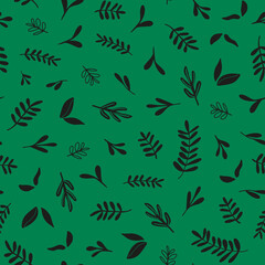 Botanical seamless repeat pattern. Random placed, vector leaves, herbs and branches all over surface print on green background.