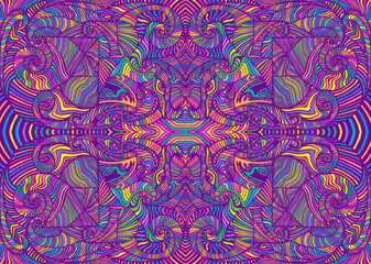 Psychedelic rainbow bright trippy mandala. Abstract bizarre background with amazing patterns.