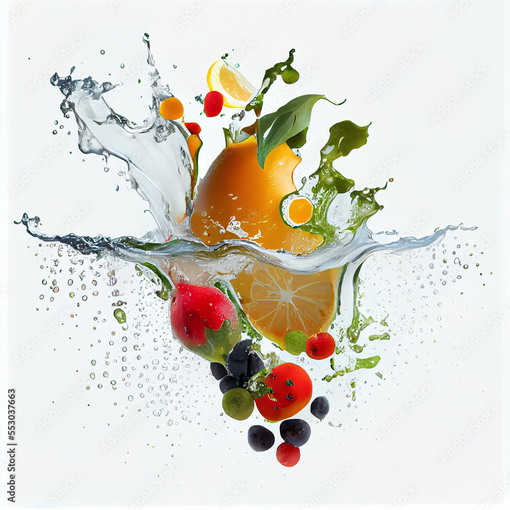 Poster fruits falling into water