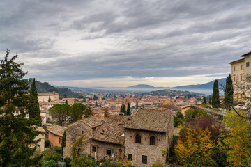 view over the rooftops of the historic old town center of Spoleto