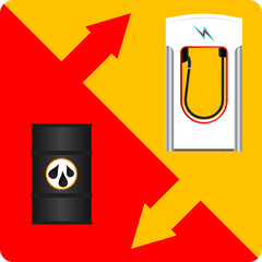 Obraz premium electric filling station and black oil barrels against the background of a yellow-red square with multidirectional arrows