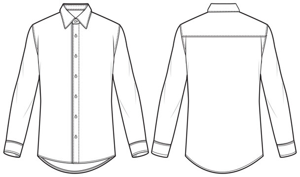 Men's long sleeves slim fit formal shirt flat sketch illustration with front and back view, Woven shirt for formal wear and casual wear fashion illustration template mock up