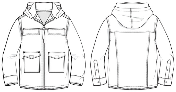 Military Hooded jacket design flat sketch Illustration, cargo pocket Hoodei sweater jacket with front and back view, winter jacket for Men and women. for hiker, outerwear and workout in winter