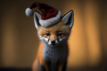 Obraz premium portrait of a little fox with santa hat, illustration generated by AI