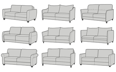 Sofas isolated on white background. Technical drawing
