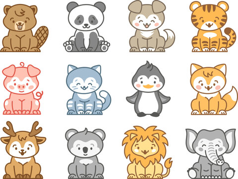 Kawaii zoo animals. Isolated lion, cartoon cat and puppy. Pastel emoticon cute wild animal. Baby mascot koala and penguin, tidy vector kit