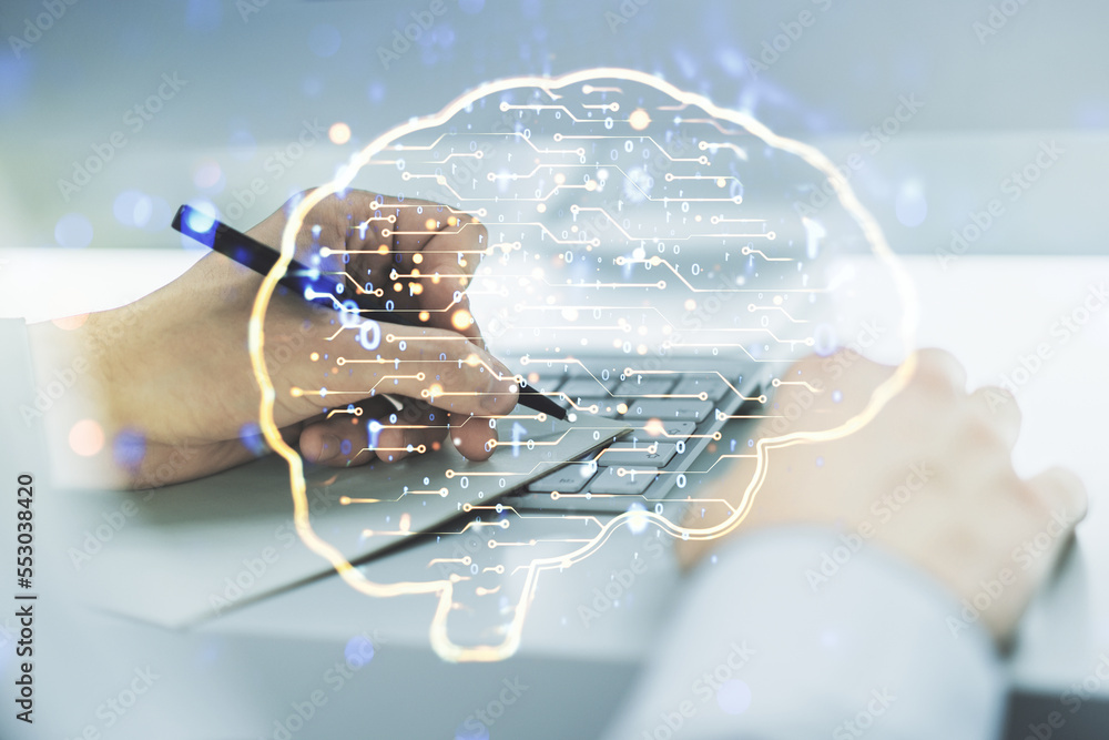 Poster double exposure of creative artificial intelligence symbol with hand writing in notebook on backgrou