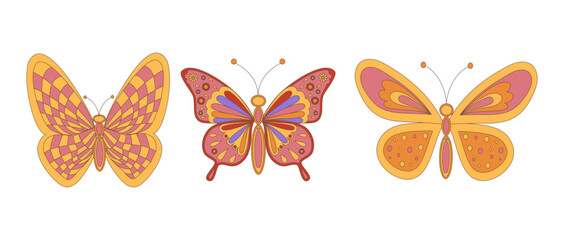 Fototapeta na wymiar Set of groovy retro butterflies in 60s 70s style isolated on white background. Vector illustration.
