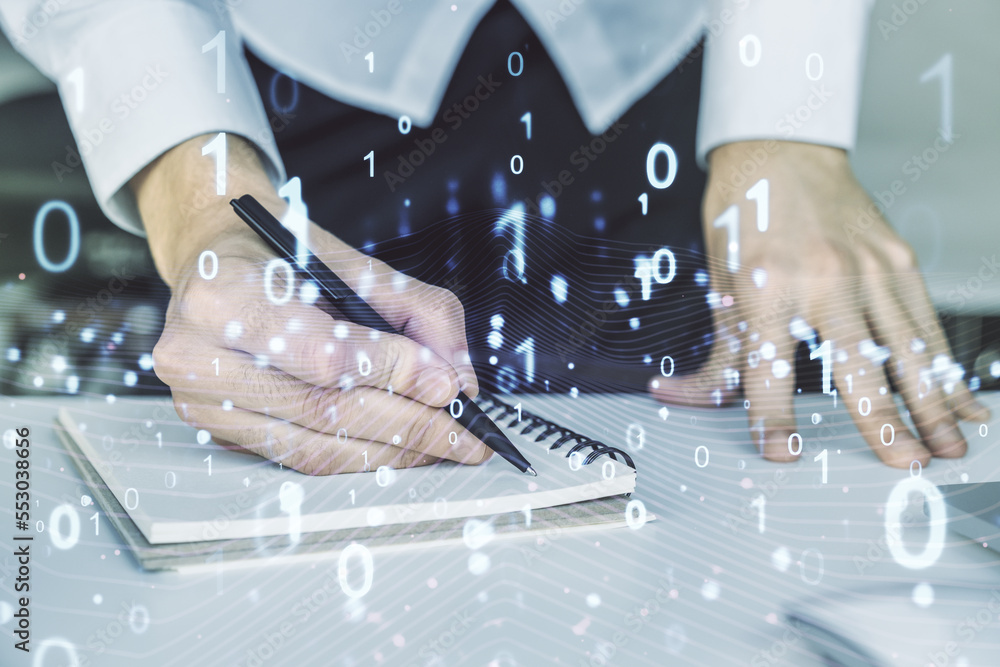 Poster creative abstract binary code hologram and hand writing in diary on background with laptop, ai and m
