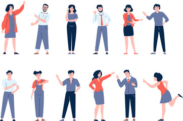 Young people point on something, show direction. Isolated characters hand and finger up, pointing and showing. Recent vector business person set