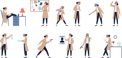 Fototapeta na wymiar Female detective cartoon characters. Spy mysterious detectives, woman detecting crime, mystery investigation. Recent vector inspector at work set