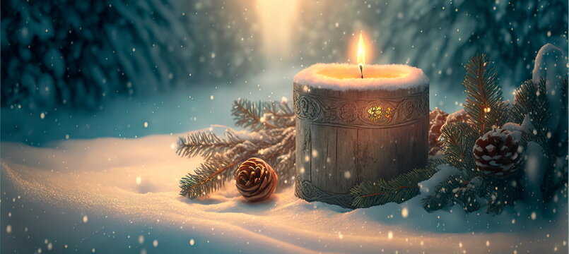 Candle on  planks in snow front of winter snow landscape panorama bokeh background