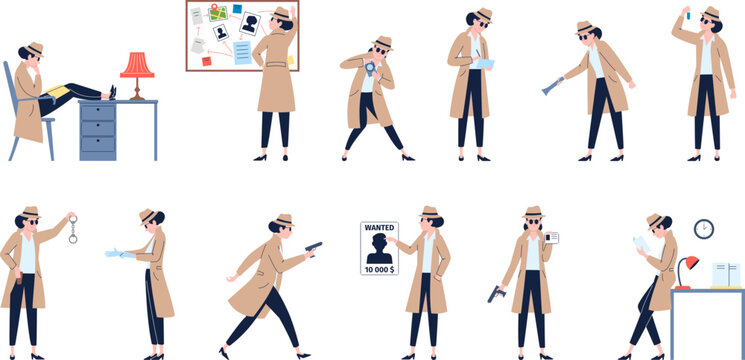 Female detective cartoon characters. Spy mysterious detectives, woman detecting crime, mystery investigation. Recent vector inspector at work set