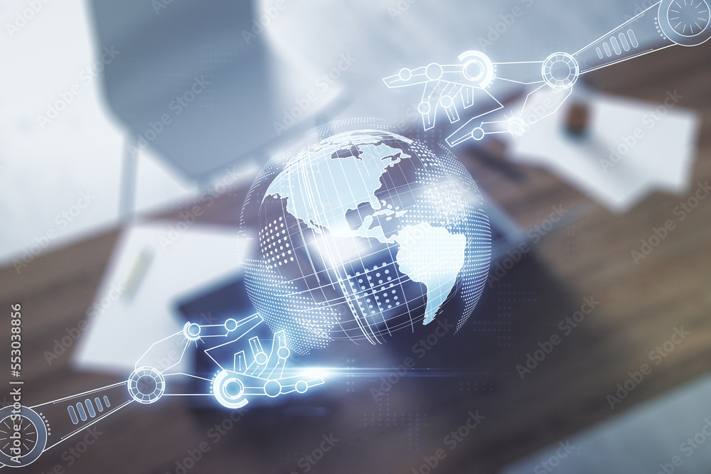 Aufkleber creative abstract robotics technology hologram with globe and modern desktop with pc on background, 