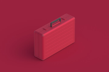 Suitcase of magenta on red background. Color of the year 2023. 3d render