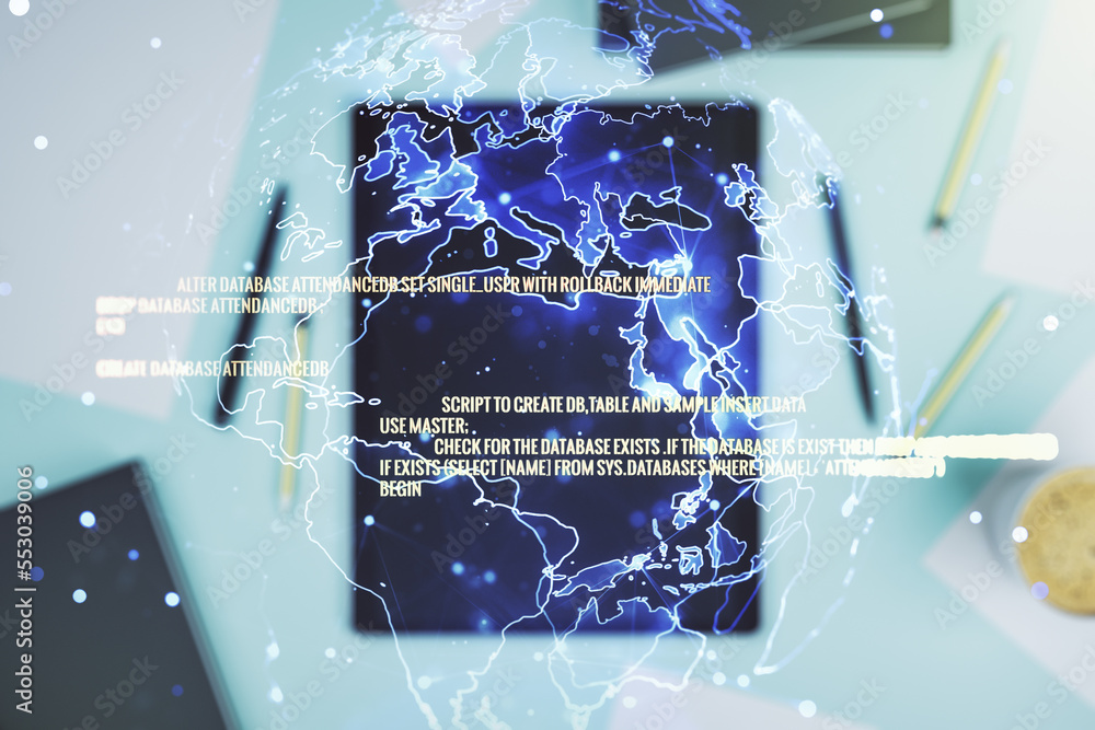 Poster abstract creative coding illustration with world map and modern digital tablet on desktop on backgro