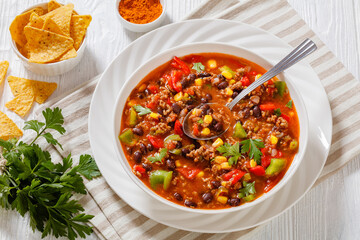 taco soup of ground beef, corn, beans and veggies