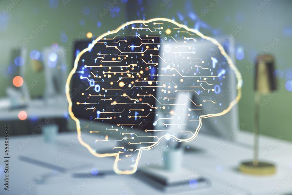 Poster double exposure of creative human brain microcircuit with computer on background. future technology 