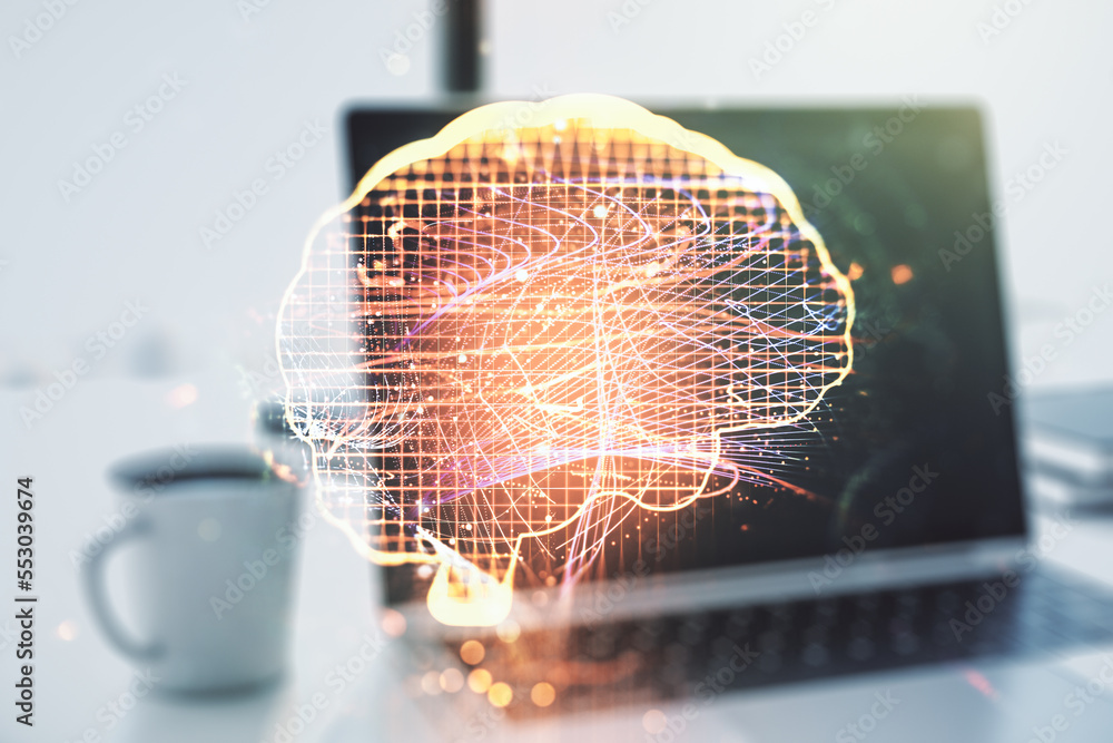 Aufkleber double exposure of creative human brain microcircuit with computer on background. future technology 