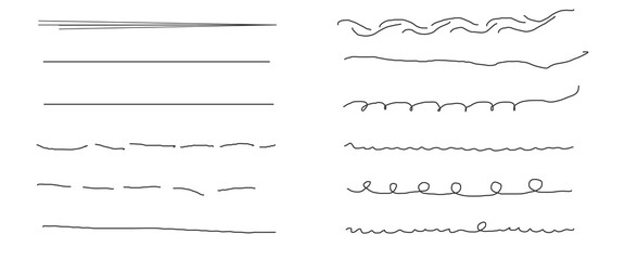 Set of artistic pen brushes.Doodles, ink brushes.Set of vector grunge brushes. Collection of strokes of markers. Set of wavy horizontal lines