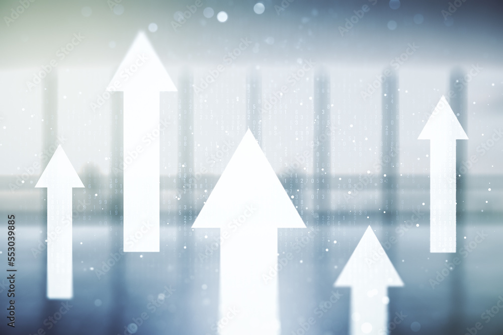 Poster double exposure of abstract virtual upward arrows hologram on empty modern office background. ambiti