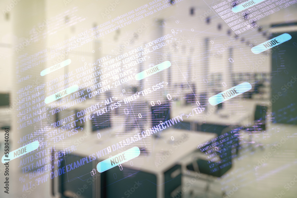 Leinwandbilder Multi exposure of abstract programming language hologram and world map on a modern furnished office interior background, artificial intelligence and neural networks concept