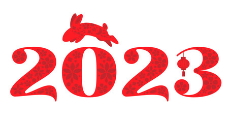 chinese new year 2023 rabbit zodiac sign with red flower and lanter.