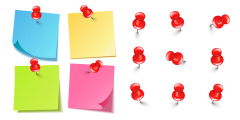 Realistic blank sticky notes isolated on white background. Colorful sheets of note paper with red push pins. Paper reminder and plastic pushpin with needle. Board tacks. Vector illustration