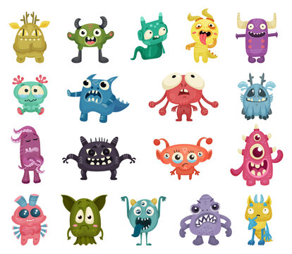 Cute Little Cartoon Monsters with Different Facial Expression Big Vector Set