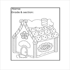 Coloring page of a decorated Christmas tree with gifts. Vector black and white illustration on white background. 