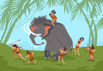 Obraz na płótnie Canvas Cartoon cavemen hunting mammoth. Stone age people with spears and arrows. Primitive weapons. Prehistoric food extraction. Hunters attacking animal. Splendid vector anthropology concept