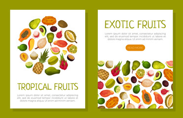 Exotic Fruits Poster or Banner Design with Ripe and Juicy Tropical Food Vector Template