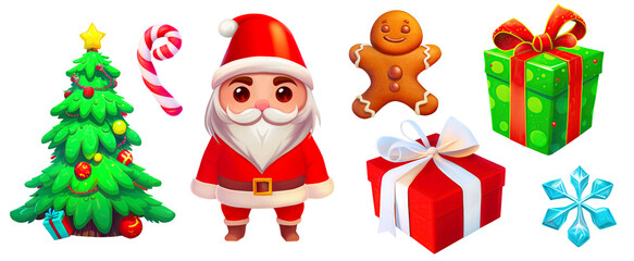 Christmas cut out objects. Collection of cartoon illustrations (decorated tree, Santa, sweets, gifts and snowflake) isolated on white background