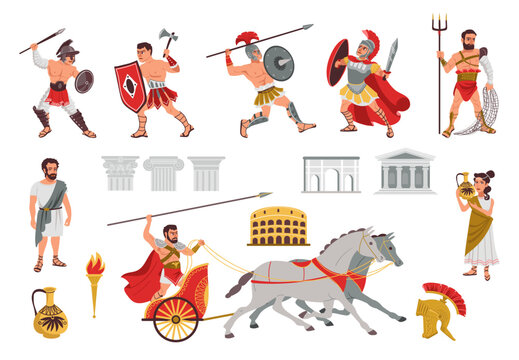 Ancient Rome objects and warriors. Cartoon gladiator characters. Greek soldiers on chariot. People in armors. Architectural elements. Fighter with spears and axes. Splendid vector set