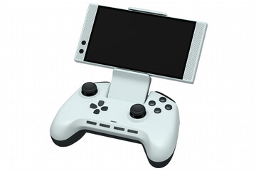 Realistic white joystick for playing games on mobile phone on white background