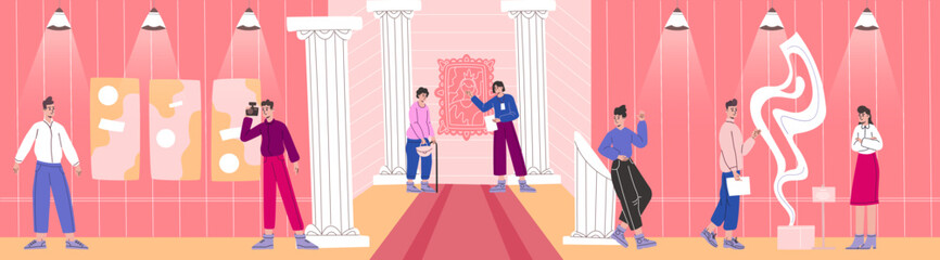 People in exhibition hall. Museum visitors view sculptures and paintings. Art showpieces in interiors. Cultural heritage. Persons look at modern statues and pictures. Vector concept