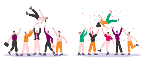 People tossing up. Happy friends throw birthday girl into air. Business workers team congratulates. Employees victory celebration. Winner honoring. Vector cheerful persons groups set