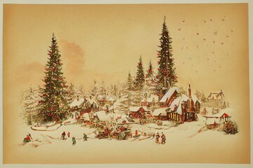 Vintage Merry Christmas postcard with a winter landscape, snowy background, people enjoying, celebrating holiday. christmas tree, toys and decorations. Ilusstration for advertising.