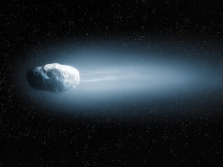 Comet with a bright tail flies in space. Evaporation of gas from the surface of a comet. Astronomical observation of celestial bodies.
