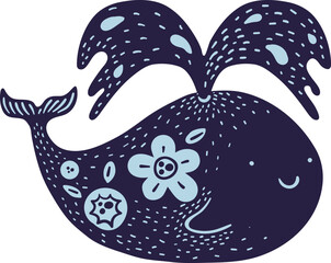 Whale with floral pattern. Night dream mystic ornament
