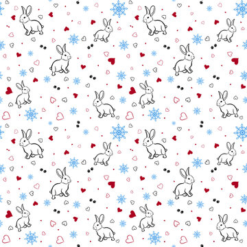 Seamless pattern with cute bunny and red hearts, blue snowflakes on white background. For packaging, printing and decorating