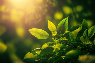 illustration of green forest  ivy leaves branch backlight against sunlight , selective focus