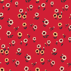 Seamless floral pattern, cute ditsy print with mini sunflowers on a red background. Pretty flower design with small hand drawn flowers, leaves in liberty arrangement. Vector illustration.